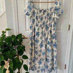 Blue Floral Smocked Puff Sleeve Midi Pocket Dress LOFT Size L